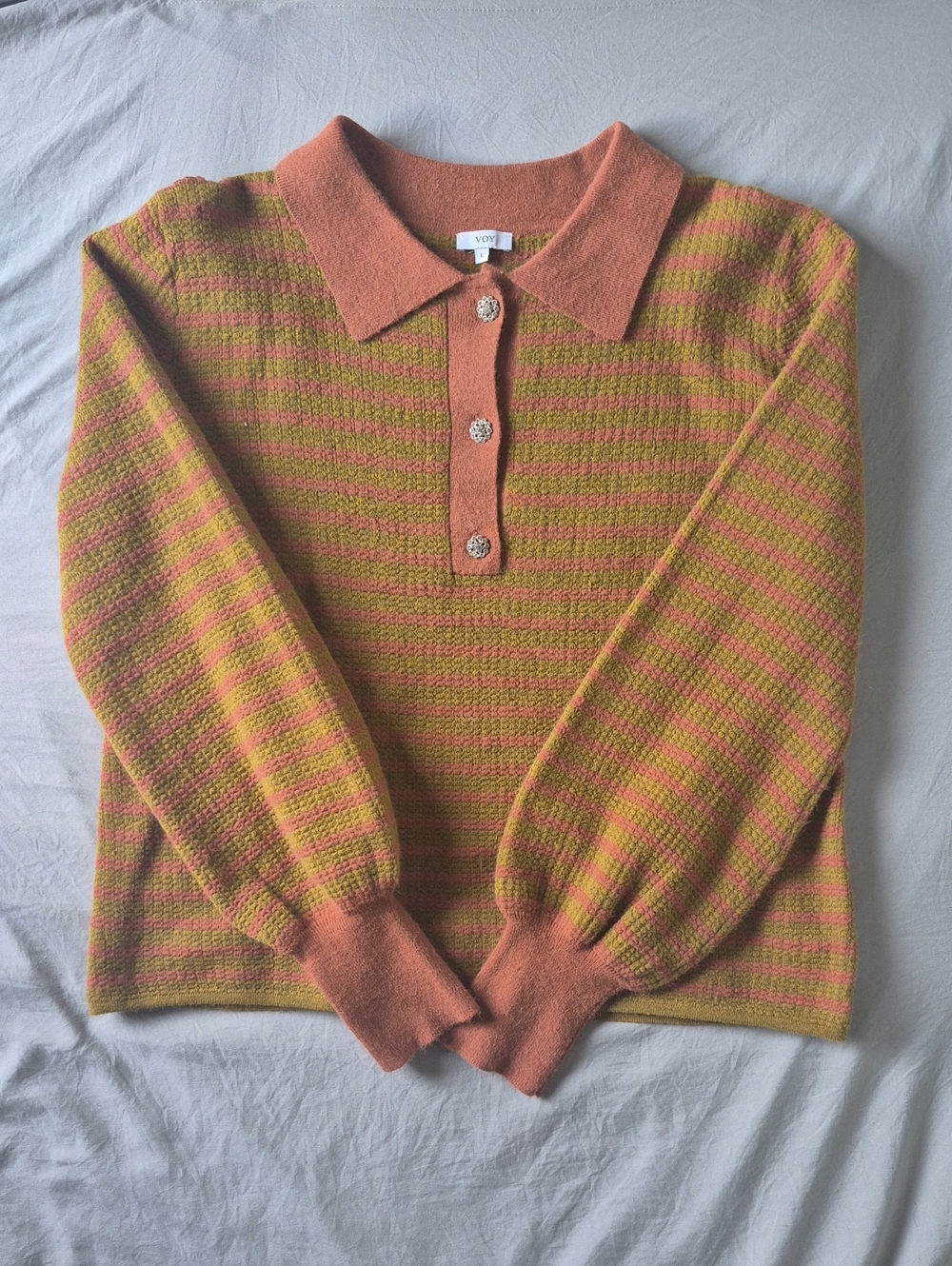 Relaxed V-Neck Polo Sweater in Orange and Pink